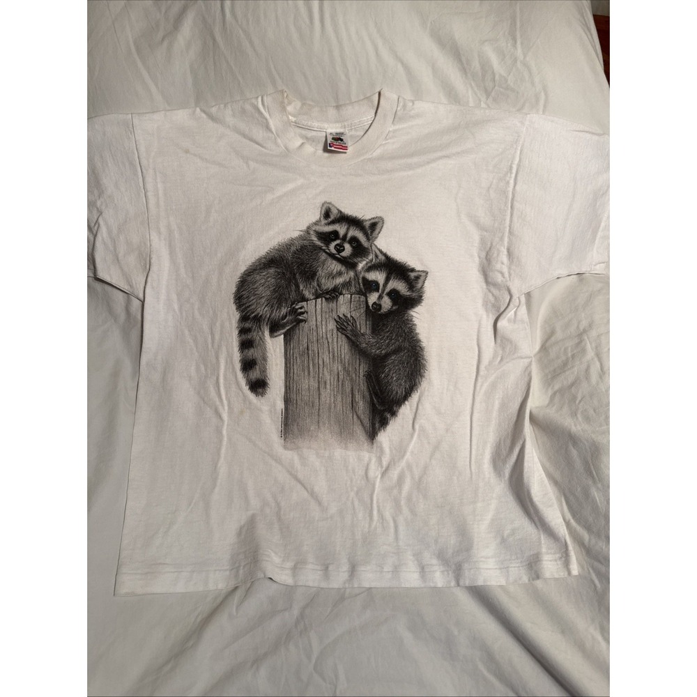 VTG 1994 Global Impressions Raccoons T Shirt Single Stitch Nature Tee XL 22x25